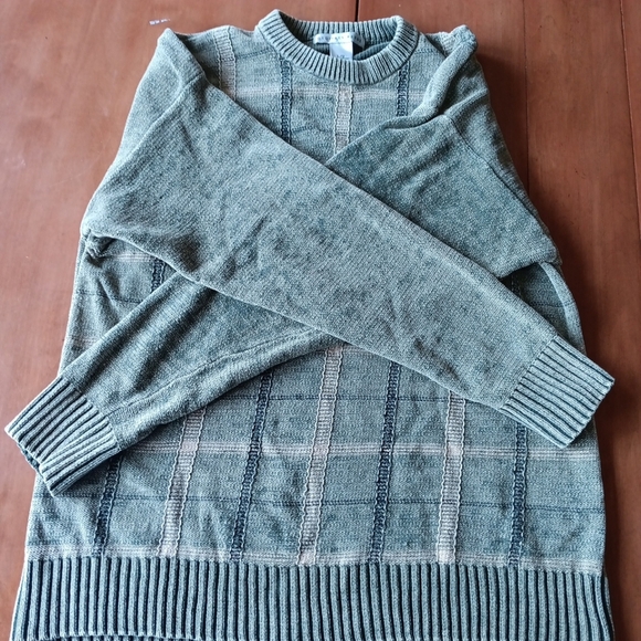 Vtg 90s Geoffrey Beene Plaid Green Sweater Crewneck Mens L Grandpa 100% Cotton - Picture 5 of 7